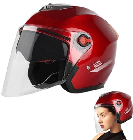 Sollee Motorcycle Helmets For Men - Double Sun Visor Open Face, 3/4 Moped Helmets With Visor For Scooter, Durable Motorbike Crash Helmet, Red