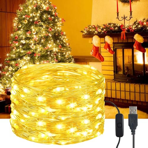 YIFMOO LED Lichterkette USB, 5M 50LED Wasserdicht Draht lichterkette mit Schalter, Micro Kupferdraht Lichterkette Außen und Innen für DIY Weihnachten, Zimmer, Party, Hochzeit Deko, Warmweiß