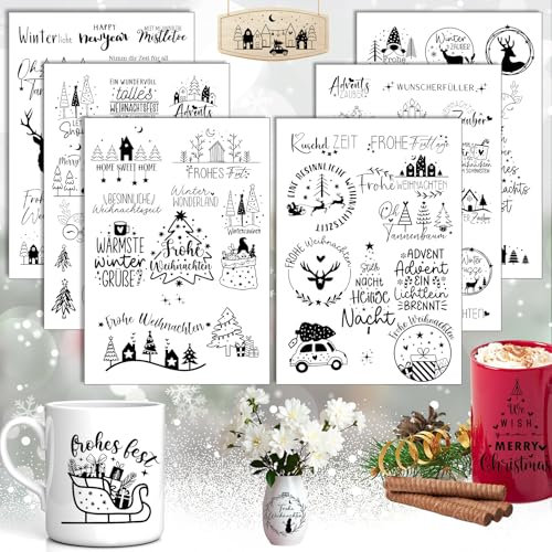 Rub On Sticker, 6 Stück A5 Rub On Aufkleber Weihnachten, Rub On Folie Transferaufkleber, für Möbel, Glas, Holz, Scrapbooking, DIY Basteln Deko (Weihnachten)