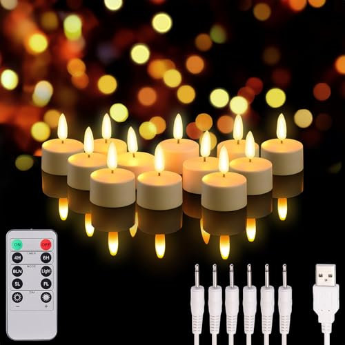 Lunartec Teelichter mit Timer: 12er-Set Akku-LED-Teelichter mit realistischer Flamme & Fernbedienung (aufladbare mit Timer, LED mit, Flammenlose Kerzen)