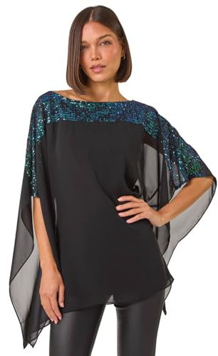 Roman Originals Sequin Chiffon Top for Women Ladies Embellished Blouse Sparkly Glitter Overlay Shiny Special Occasion Winter New Year NYE Party Christmas Night Out - Noir Teal - Size 18