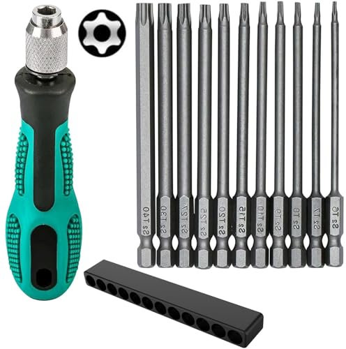 Ksvaye 12 Pezzi Magnetici Cacciaviti Torx Set, 100mm Lunghe 1/4 Gambo Esagonale Punte Torx Elettriche Set, Acciaio Legato S2 Inserti Torx con Manico, T6-T40 Magnetici Cacciavite Torx Bit