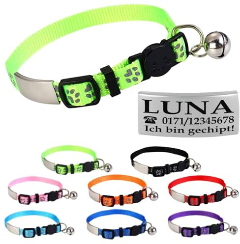 Ibera gifts - Katzenhalsband Personalisiert, Katzenhalsband mit Namen Für Katzen mit Sicherheitsverschluss Selbstöffnend, Reflektierend (Grün)