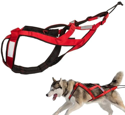 Hundegeschirr zum Ziehen, Nylon, Laufgeschirr mit reflektierendem Band, wasserdichtes Schlittengeschirr, Zuggeschirr für Hundeübungen, Radfahren, Skijoren, Hundeschlitten (Rot, M)