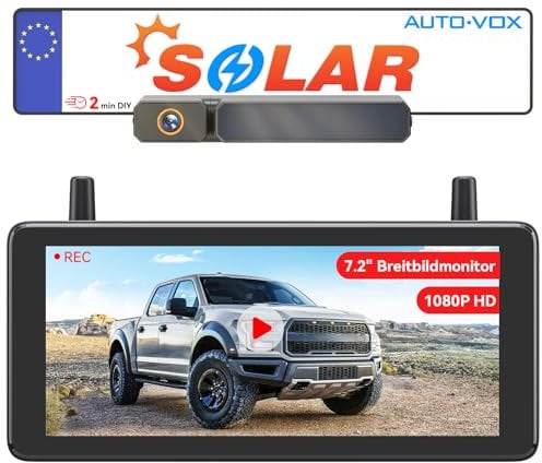 AUTO-VOX 7.2 DVR Portable Solar Rückfahrkamera Kabellos : 2Min Schnellinstallation, 1080P HD, IP69K Wasserdicht Rückfahrkamera Funk für Auto, LKW, Wohnmobil, Anhänger