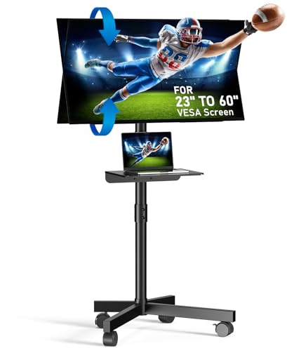 Zontera Mobile TV Stand for 23-60 Inch LCD LED OLED Flat Panel Curved Screen TVs up to 88 lbs, Tilt and Height Adjustable, Locking Rolling Wheels TV Cart with Shelf, Max VESA 400x400mm, Black