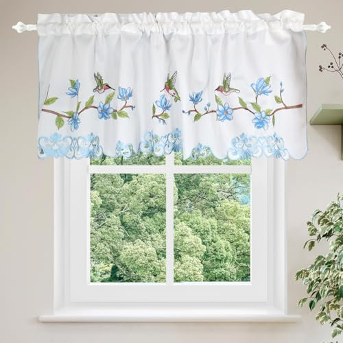 Molaxhome Schillernd Bestickt Scheibengardinen Kurzstores Fenster Valance Küchengardinen Bistrogardine Fenstervorhang Küche Vorhänge Fensterschal, Stabtasche Valance 132x46 blau