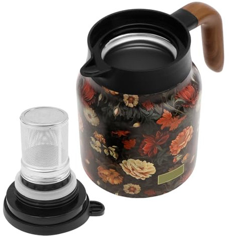 Thermoskanne Edelstahl 1000ml, Thermo Teekanne Dicht mit Retro Blumenmuster, V Förmiger Ausguss, Integriertes Teesieb, Handhaben, für Haus Wohnung (Schwarz)