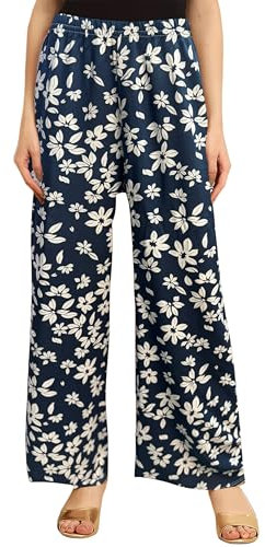 Women's Palazzo Trousers Flared Elasticated Waist Wide-Leg Trousers Loungewear Casual Soft Comfortable Stylish Trousers (Lily Navy L-XL -L27)