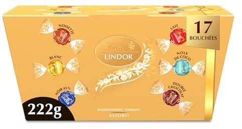 Lindt Ballotin LINDOR Assortiment Chocolat Lait Blanc Noir 45% Noisettes Cœur Fondan 222g