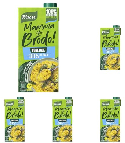 Knorr Mamma Che Brodo! - Brodo Vegetale Pronto con -30% * di Sale, Ingredienti Naturali e Verdure da Agricoltura Sostenibile, Senza Glutine e Lattosio - 1L (Confezione da 5)