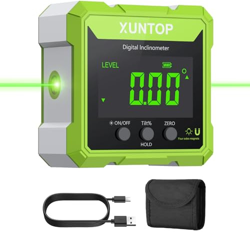XUNTOP Inclinomètre Numérique 360° avec Laser Vert Haute Visibilité – Niveau Laser Électronique Magnétique 4 Faces, Écran VA Vert Fond Noir, USB-C Rechargeable, IP54, Outil Mesure d’Angle pour Menuise