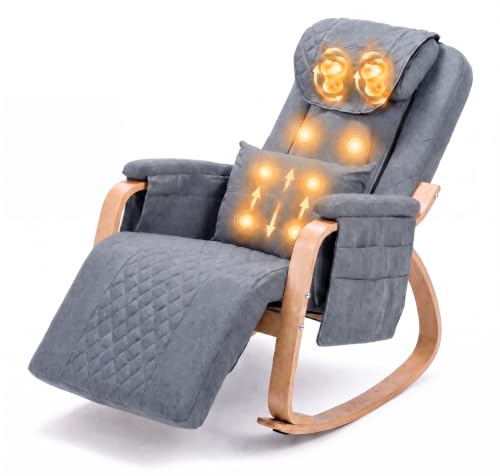 Asukale Massage Schaukelstuhl, Relaxsessel, Fernsehsessel mit 3 Zonen Massage, Massagesessel mit Waermefunktion verstellbare Kopfstuetzte und Fußstütze, Bezug abnehmbar 150kg belastbar, Beige