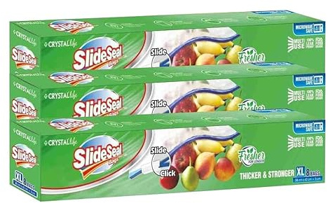 Crystal SlideSeal Reusable Storage Bags Extra Large – 24 Bags (8 x 3 Packs, 38x45cm) – 100% Leakproof Freezer Bags – Heavy Duty Slide Zip Lock, FDA Food Grade, BPA Free Food Storage