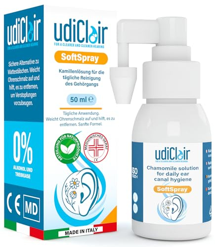 Ohrenschmalz Entferner Spray 50 ml UdiClair SoftSpray - Vorbeugung und Entfernung von Ohrenschmalzpfropfen für Erwachsene Senioren und Kinder Made in Italy - Isotonische Lösung 0% Alkohol mit Kamille