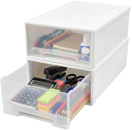 HUASD 2 Stück 4,5L Schubladenbox Kunststoff Transparent-Weiß Aufbewahrungsbox mit Schubladen Stapelbare Schubladenbox für Schreibtisch Schrank Büro Socken Schmuck Platzsparender Schubladencontainer