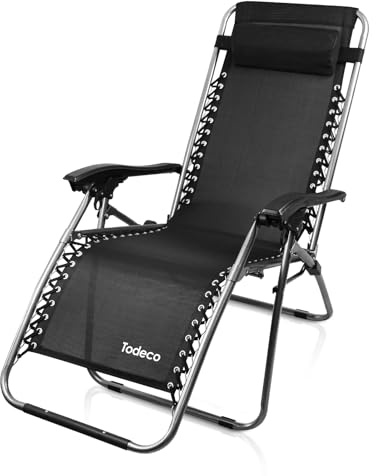 Todeco Chaises Longues Zéro Gravité, Fauteuils Relax de Jardin Pliables en Textilène Respirant avec Repose-Tête, Dossier Inclinable Multiposition, Bain de Soleil Terrasse Balcon Piscine, Noir