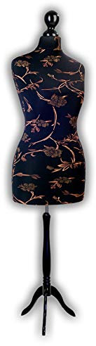 LUCCESI Schneiderpuppe | Diverse weibliche Größen | Damen Büste Size M (36-38) | Schneiderbüste | Überzug schwarz mit Blumenmuster/Standfuss schwarz
