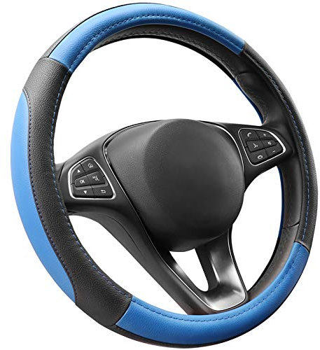 COFIT Anti-Rutsch Lenkradbezug Auto Lenkrad üBerzug Leder Lenkradhülle Universal Mikrofaser Autolenkradbezug Autozubehör M 37-38cm Blau and Schwarz