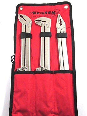 Neilsen CT4181-3pc 15in Locking Pliers Set | Straight, 45° & 90° Jaws | Extra Long Reach for Difficult Access | High Carbon Steel with Nickel Plated Finish