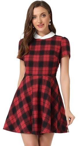 Allegra K Damen A-Linie Plaid Grid Kurzarm Panel Bubikragen Kariert Minikleid Kleid Rot L