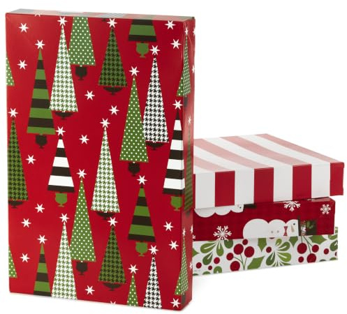 Hallmark Medium Christmas Gift Boxes with Lids (12 Shirt Boxes, 4 Designs: Trees, Stripes, Snowmen, Holly) for Christmas, Holiday Parties, Hostess Gifts