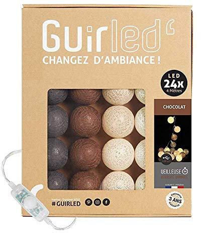 GuirLED - Guirlande lumineuse boules coton LED USB - Veilleuse bébé 2h - Adaptateur secteur double USB 2A inclus - 3 intensités - 24 boules 2.4m - Chocolat