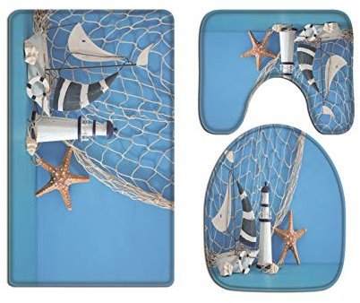 A.Monamour Badezimmer Badematte 3 Teilig Set Weißer Leuchtturm Segelboot Seestern Muscheln Fischernetz Blaue Hölzerne Nautische StrandFlanell Saugfähig Badteppiche Badvorleger Badgarnitur WC Vorleger