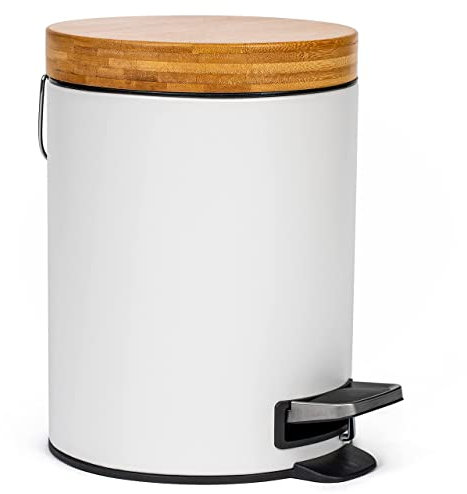 Kazai.® 5l Design Kosmetikeimer | Bad-Mülleimer mit Bambus-Holzdeckel und Absenkautomatik | Mit Anti-Fingerabdruck und Komfort-Pedale | Weiß