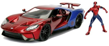 Jada Toys Marvel Spiderman 2017 Ford GT, 1:24 Modellauto inkl. Spiderman Figur, aus Zinkdruckguss, öffnende Flügeltüren, inkl. Freilauf, rot/blau