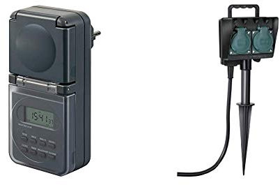 Brennenstuhl Digitale Wochenzeitschaltuhr IP44 Digitale Timer-Steckdose & Gartensteckdose, Außensteckdose 2-Fach mit Erdspieß, witterungsbeständiger Kunststoff (1,4m Kabel) schwarz