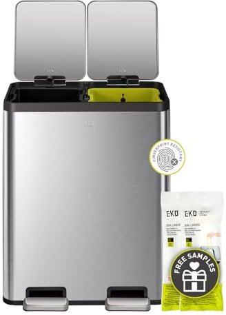 EKO Poubelle de cuisine à double compartiment, finition en acier inoxydable brossé, 30 L + 30 L (fermeture amortie)
