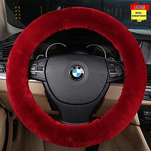 Sisha-A Lenkradbezug aus 100% Australischem Schaffell – Flauschig Warmer, langlebiger & elastischer Schutz für Lenkräder 35-42 cm Durchmesser (Rot)