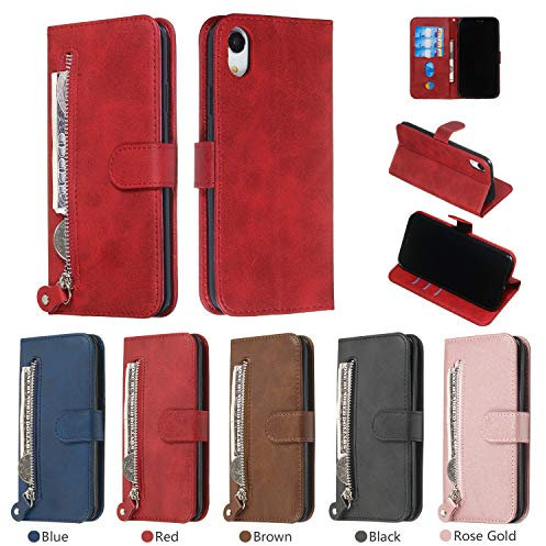 nancencen Hülle Kompatibel mit iPhone XR (6.1), Funktionskartenhalter Flip Schutzhülle Silikon Back Cover PU Leder Brieftasche Handytasche im Bookstyle Funktion (Rot)