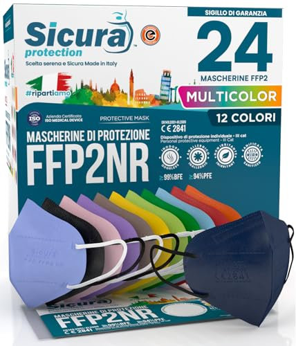 24 FFP2 Maske bunt CE zertifiziert farbig Made in Italy BFE ≥99% Mix 12 Farben Blau, Orange, Rot, Schwarz, Blau, Grün, Apfelgrün, Gelb, Turteltauben, Lila, Pink, Lavendel