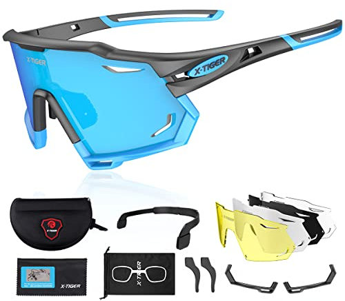 X-TIGER Lunettes de Cyclisme Polarisées Pour Hommes, Lunettes de VTT avec 3 Lentilles Interchangeables Anti-UV400, Lunettes de cyclisme pour le vélo, la course à pied, la conduite, la pêche (xts04-5)