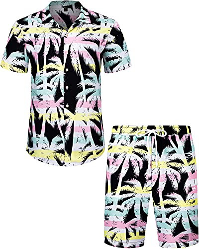 J.VER Mens Short Sleeve Hawaiian Shirt and Shorts Set Regular Fit Funky Flamingo Beach Holiday Flower Button Down Summer Floral Party Palm Black Tree XXL