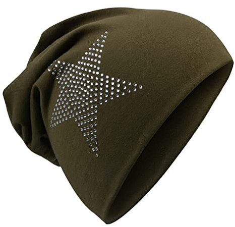 Miobo Kinder Slouch Beanie Mütze,Baumwolle,Strass Stern Olivgruen 59