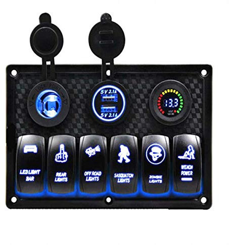 TOTMOX 12V/24V 6 Gang LED Interrupteur à Bascule Panneau de Commande pour Voiture Bateau Marine, Double USB Panneau de Commande de Interrupteur LED Étanche avec Voltmètre
