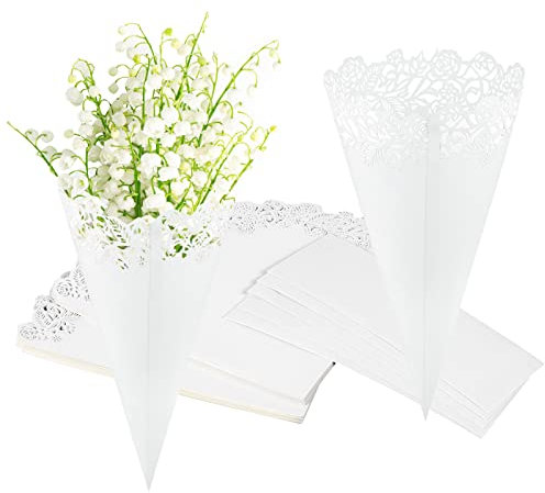 Weiße Rose Reiskegel, Weinsamkeit 50 Stück Kegel für Hochzeit Konfetti Reis Liebesstil Geburtstag Papier Kegel Taufe Konfetti Konus Tüten Deko, Candy Taschen, Schokolade Taschen für Partygeschenke