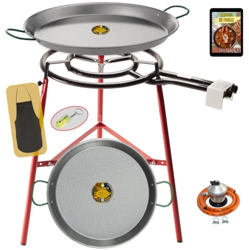 COMBOI Kit Quemador Paellero de gas butano 50 cm, paellera de 60 cm + paellera 42 cm, Regulador de gas, Manguera, Soporte Patas reforzadas, nivel, delantal, libro de recetas digital