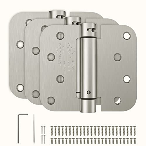 HOSOM Self Closing Door Hinges Brushed Nickel Spring Loaded Hinges 4 Inch Adjustable Tension for Garage, Front Door, Back Door, UL Listed, for Left and Right Hand Door, 5/8'' Radius Corners, 3 Pack