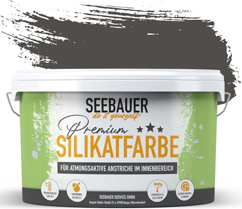 SEEBAUER diy Silikatfarbe Anthrazit 10L für Innen (No. 102 Black Pearl) Atmungsaktive Mineralfarbe für Allergiker - Abwaschbare Wandfarbe - Anthrazittöne hohe Deckkraft