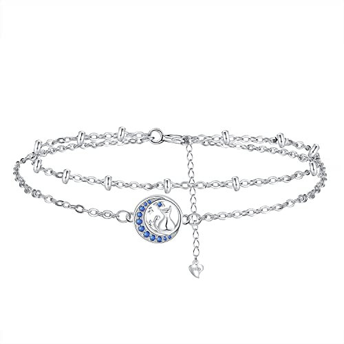 Hifeeled Lune Bracelet Chat Femme Argent Sterling 925 Double Chaîne avec Chaîne Perles avec Zirconium pour Cadeaux Originaux Femmes-Réglable(16cm+4)