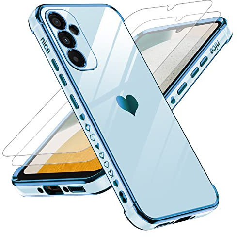 LeYi Cover per Samsung Galaxy A34 5G Custodia con Vetro Temperato [2 Pack], Amore Cuore Paraurti Morbido TPU Sottile Case con Protezione Fotocamera per Samsung A34 5G Donne Blu