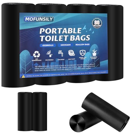 MOFUNSILY Lot de 80 sacs de toilette portables, épais, biodégradables, compostables de 24 litres, sacs de toilette de camping pour toilettes étanches pour l'extérieur, la randonnée, les voyages