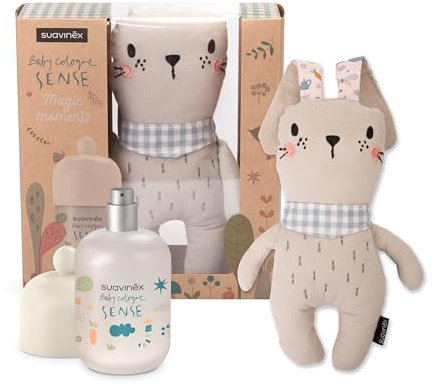 Suavinex, Regalo Bebé Baby Cologne Sense 100 ml + Peluche Bebé, Colonia Sin Alcohol para Bebés, Agua Perfumada, Dermatológicamente Testada, Apta Pieles Sensibles, 94% Ingredientes Origen Natural