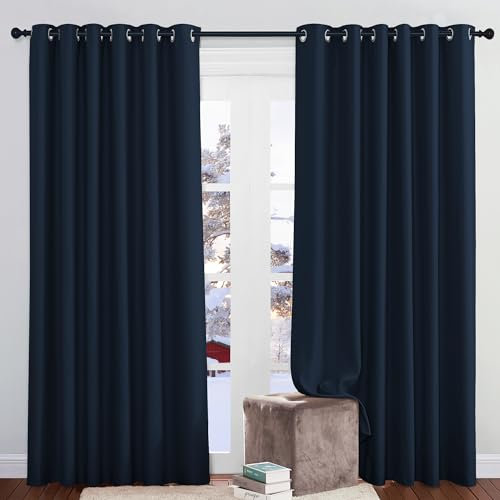 PONY DANCE Extra Breite Vorhänge Wärmeisolierend Ösenschal Blickdicht 2er Set H 210 x B 200 cm Thermo Gardinen gegen Hitze Verdunklungsvorhänge mit Ösen, Dunkelblau