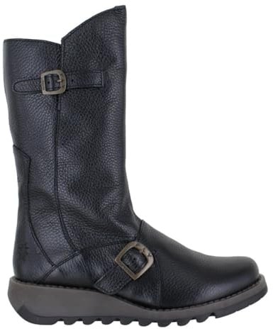 Fly London Mes Black Pebbled Leather Low Wedge Calf Boots 7 Black Leather