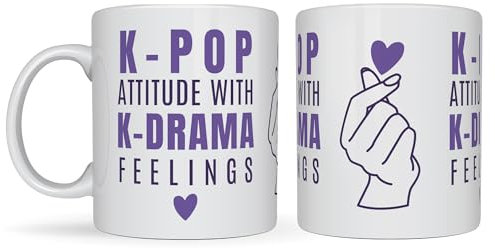 Sticky Art UK K-Pop Attitude with K-Drama Feelings Mug: Korean Pop Culture Inspired Design, K-Pop Lover, Korean Pop Culture Gift, K-Pop Mug Present, 250ml Ceramic Mug